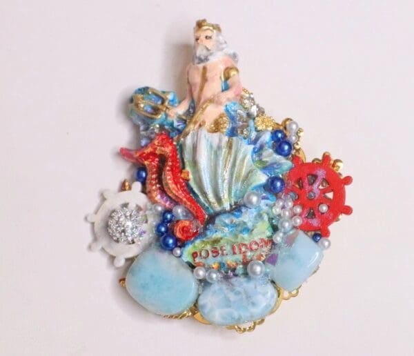 SOLD! 5883 Baroque 3D Effect Hand Painted Poseidon Genuine Larimar Unique Brooch