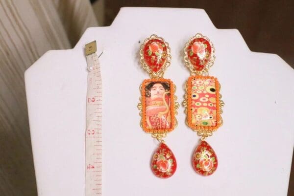 SOLD! 5884 Art Gustav Klimt Orange The Kiss Statement Earrings - Image 6