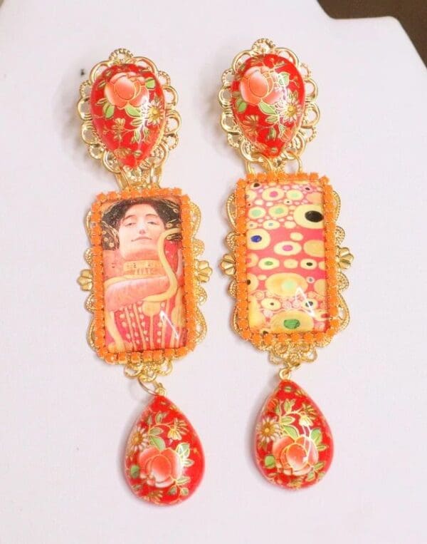 SOLD! 5884 Art Gustav Klimt Orange The Kiss Statement Earrings - Image 2