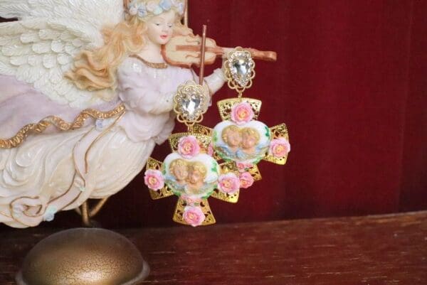 SOLD! 5885 Baroque Cherub Roses Cross Statement Earrings - Image 5