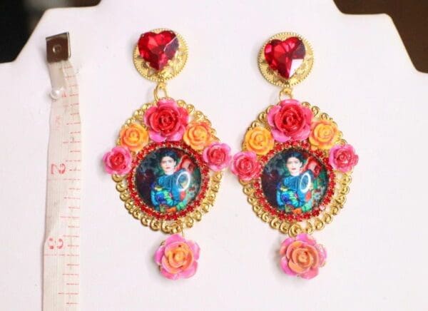 SOLD! 5910 Frida Kahlo Roses Hand Painted Cameo Earrings - Image 6