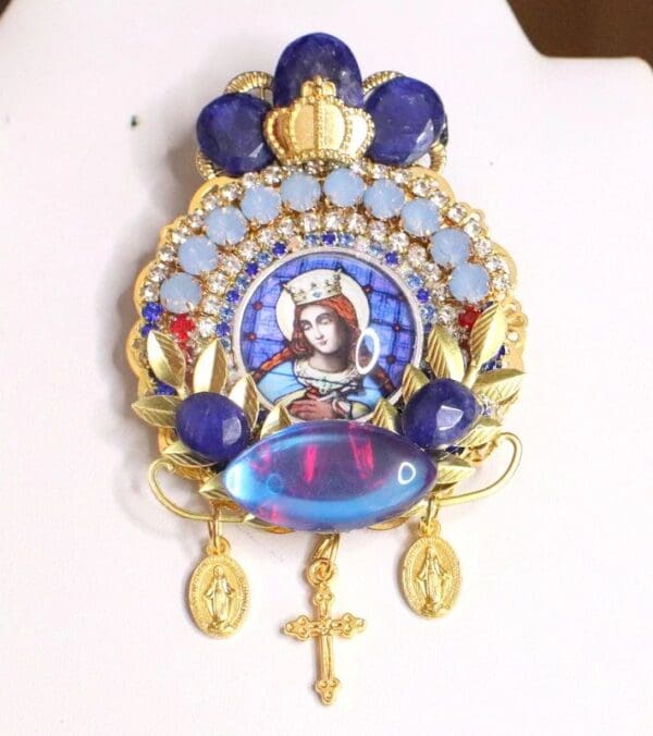 SOLD! 5931 Virgin Mary Round Genuine Sapphire Opal Gemstone Cameo Massive Brooch - Image 7