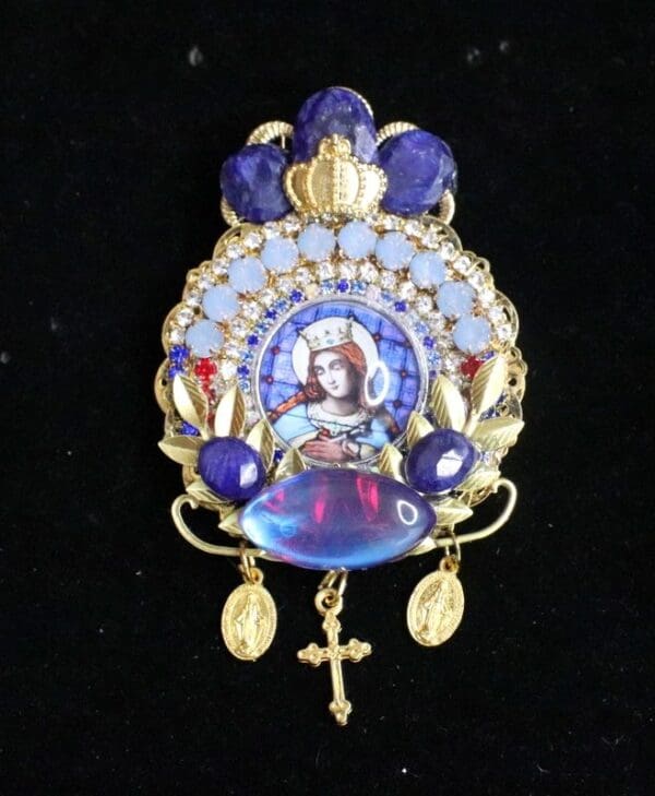 SOLD! 5931 Virgin Mary Round Genuine Sapphire Opal Gemstone Cameo Massive Brooch