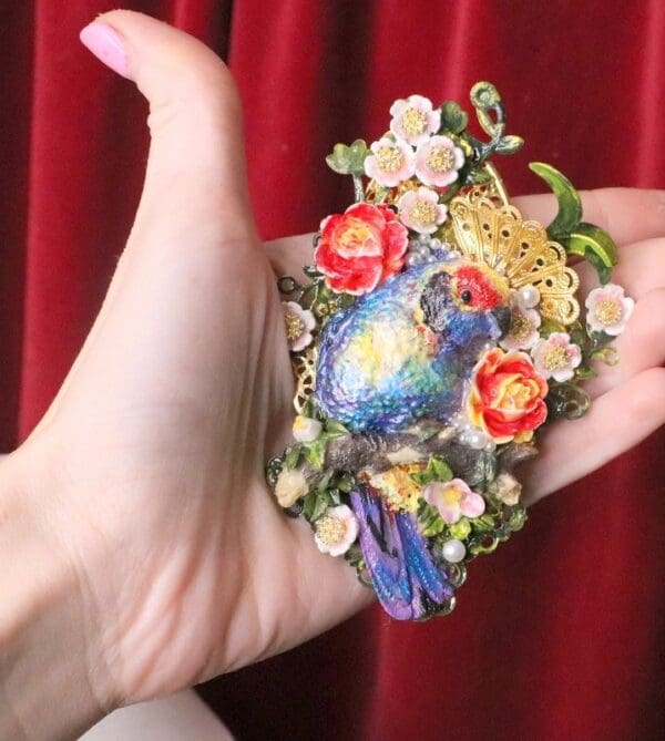 SOLD! 5949 Hand Painted Vivid Bird Flower Massive Brooch