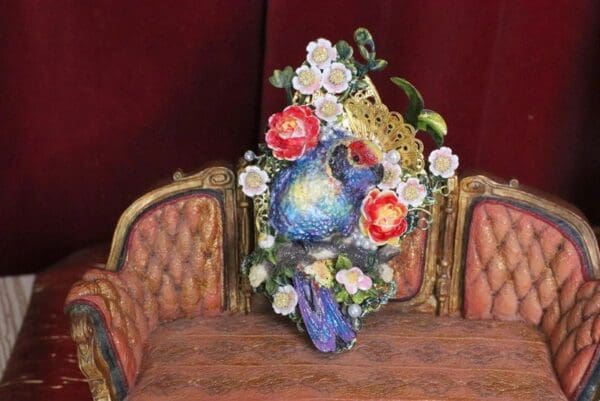 SOLD! 5949 Hand Painted Vivid Bird Flower Massive Brooch - Image 5