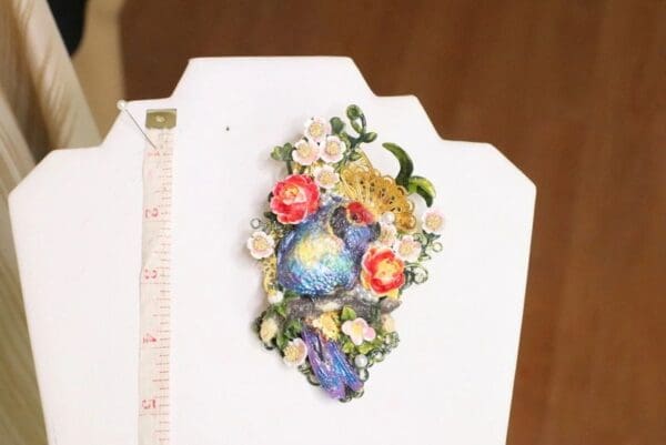 SOLD! 5949 Hand Painted Vivid Bird Flower Massive Brooch - Image 7