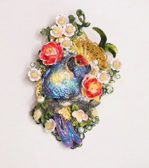 SOLD! 5949 Hand Painted Vivid Bird Flower Massive Brooch - Image 8