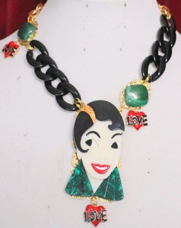 SOLD! 5951 Art Deco 20s Genuine Malachite Vibe Enamel Chained Necklace - Image 5