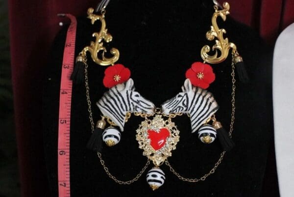 SOLD! 5967 Art Deco Faced Zebras Sacred Heart Massive Necklace - Image 4