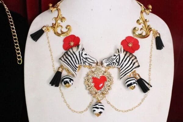 SOLD! 5967 Art Deco Faced Zebras Sacred Heart Massive Necklace - Image 2