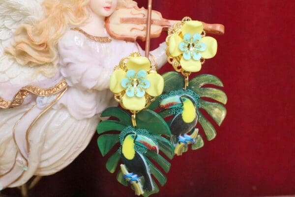 SOLD! 5969 Baroque Palm Leaf Toucan Earrings - Image 2