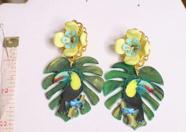 SOLD! 5969 Baroque Palm Leaf Toucan Earrings - Image 7