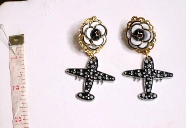 SOLD! 5984 Camellia Madame Coco Airplane Earrings - Image 4