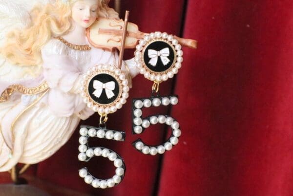 SOLD! 5985 Camellia Madame Coco Number 5 Pearl Earrings