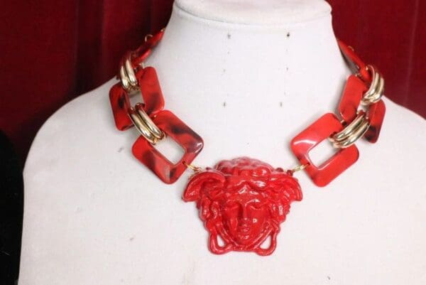 SOLD! 5991 3D Effect Medusa Head Chained Red Statement Necklace - Image 7