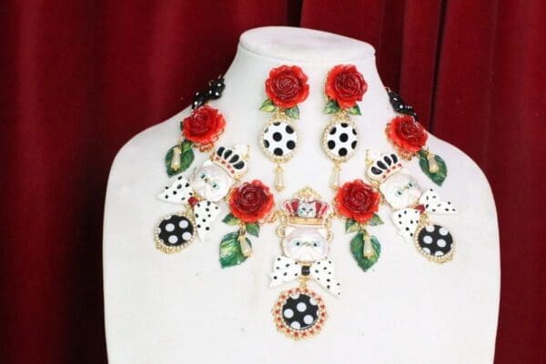5992 SOLD! Set Of Baroque Enamel Cats Roses Polka Dot Necklace+ Earrings - Image 2