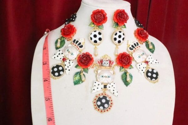 5992 SOLD! Set Of Baroque Enamel Cats Roses Polka Dot Necklace+ Earrings - Image 3