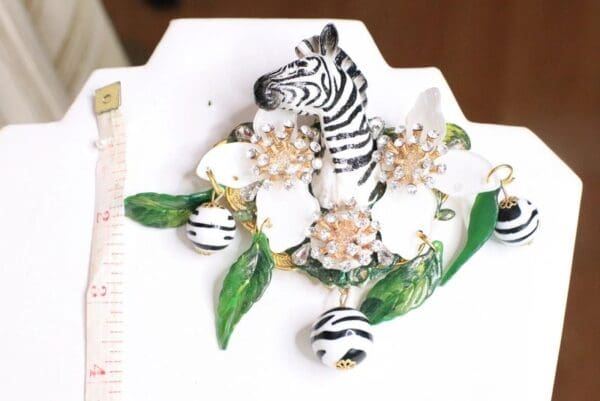 SOLD! 6008 Baroque 3D Effect Hand Painted Zebra Flower Huge Brooch - Image 4