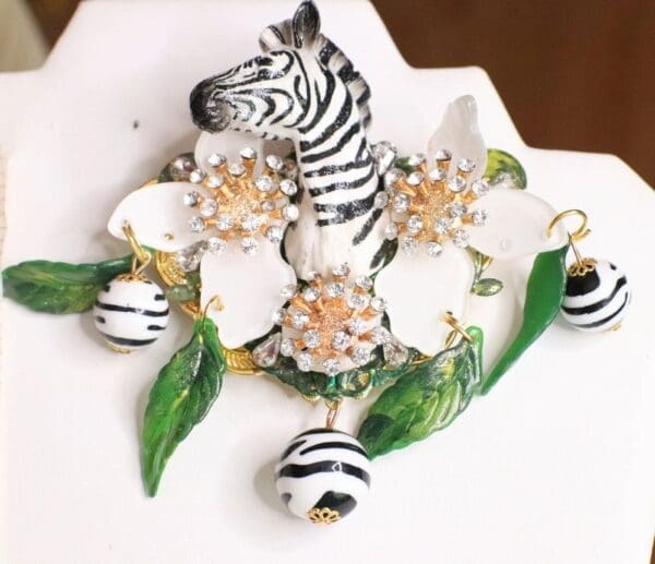 SOLD! 6008 Baroque 3D Effect Hand Painted Zebra Flower Huge Brooch - Image 5