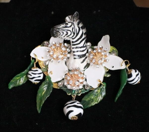 SOLD! 6008 Baroque 3D Effect Hand Painted Zebra Flower Huge Brooch - Image 2