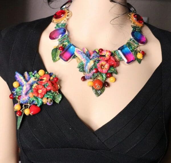 SOLD! 6011 Set Of Art Nouveau Hummingbird Genuine Tourmaline Necklace+ Earrings - Image 4