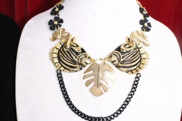 SOLD! 6029 Faced Zebras Leaf Flower Massive Necklace - Image 2