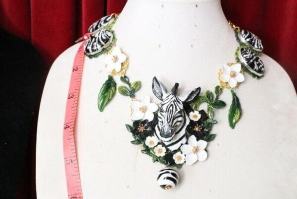 SOLD! 6007 Set Of Art Deco Faced Zebra Sulemani Agate Flowers Hand Painted Massive Necklace+ Earrings - Image 8