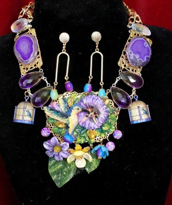 SOLD! 6030 Set Of Art Nouveau Hummingbird Genuine Tourmaline Agates Necklace+ Earrings - Image 2