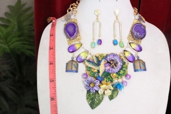SOLD! 6030 Set Of Art Nouveau Hummingbird Genuine Tourmaline Agates Necklace+ Earrings - Image 3