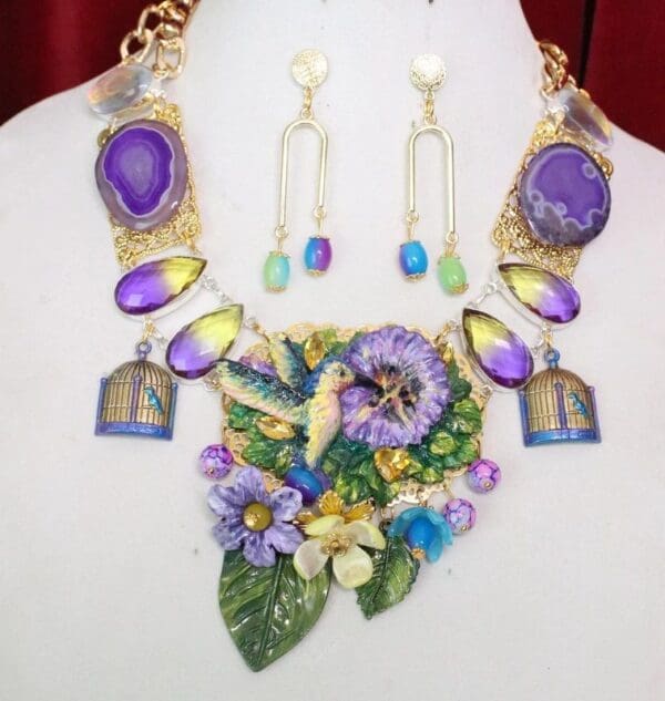 SOLD! 6030 Set Of Art Nouveau Hummingbird Genuine Tourmaline Agates Necklace+ Earrings - Image 4