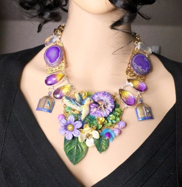 SOLD! 6030 Set Of Art Nouveau Hummingbird Genuine Tourmaline Agates Necklace+ Earrings - Image 5