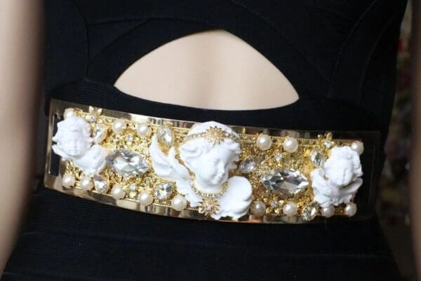 SOLD! 6039 Baroque Runway White Chubby Cherubs Angels Embellished Waist Gold Belt Size S, L, M - Image 2