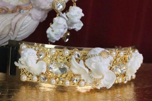 SOLD! 6039 Baroque Runway White Chubby Cherubs Angels Embellished Waist Gold Belt Size S, L, M - Image 8
