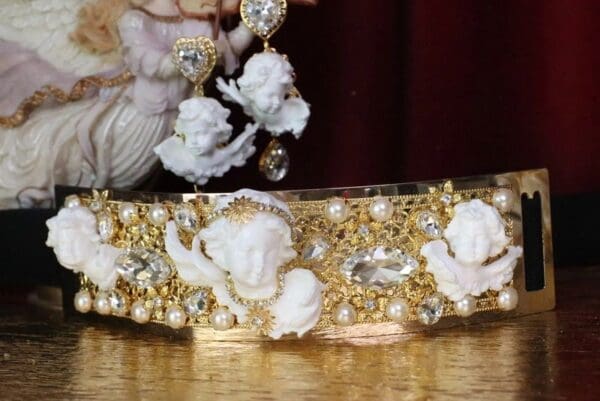 SOLD! 6039 Baroque Runway White Chubby Cherubs Angels Embellished Waist Gold Belt Size S, L, M - Image 6