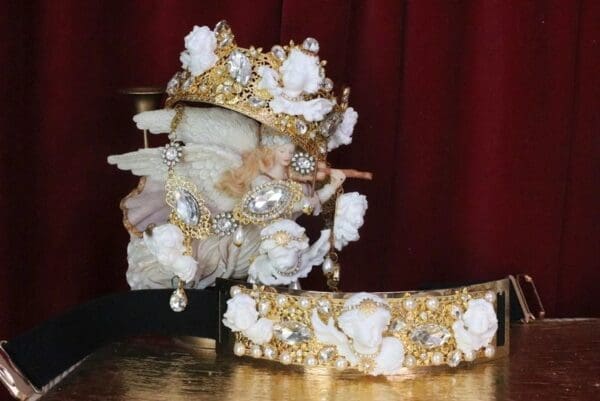 SOLD! 6039 Baroque Runway White Chubby Cherubs Angels Embellished Waist Gold Belt Size S, L, M - Image 9