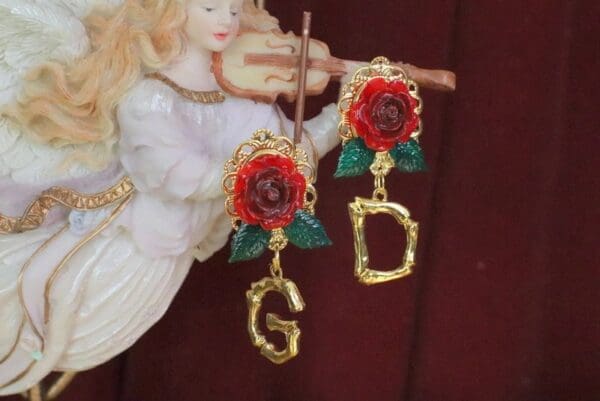 SOLD! 6040 Baroque Hand Painted Roses Letters Elegant Earrings - Image 2