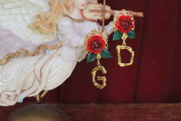 SOLD! 6040 Baroque Hand Painted Roses Letters Elegant Earrings - Image 3