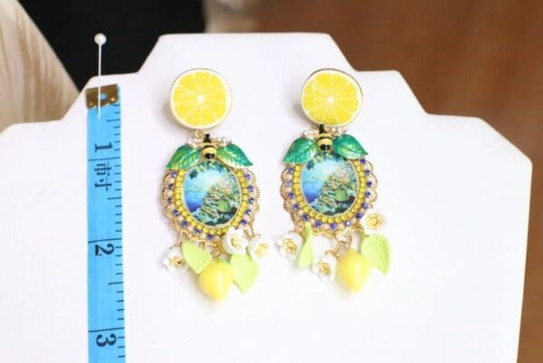 SOLD! 6041 Italian Taormina Cameo Enamel Bee Lemon Fruit Studs Earrings - Image 2