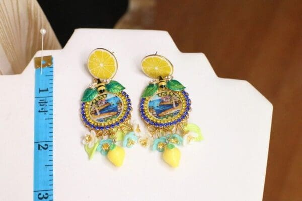 SOLD! 6043 Italian Palermo Cameo Enamel Bee Lemon Fruit Enamel Bee Studs Earrings - Image 3