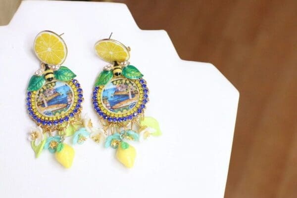 SOLD! 6043 Italian Palermo Cameo Enamel Bee Lemon Fruit Enamel Bee Studs Earrings - Image 4