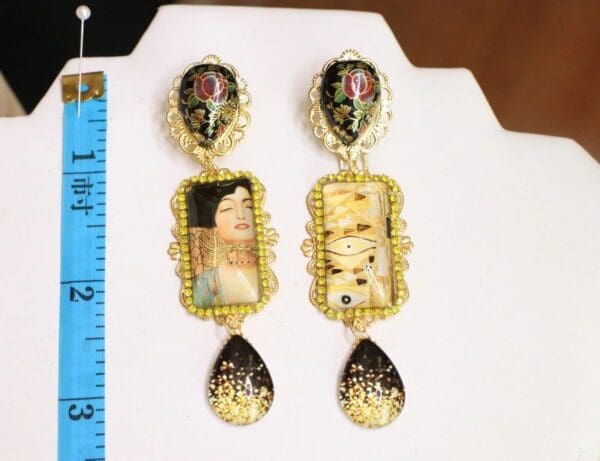 SOLD! 6045 Art Gustav Klimt Black Gold Statement Earrings - Image 3