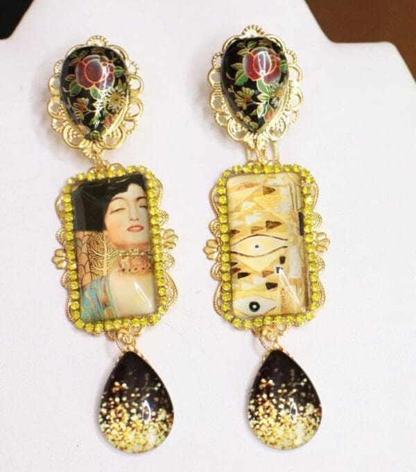 SOLD! 6045 Art Gustav Klimt Black Gold Statement Earrings - Image 4