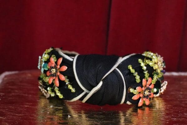 SOLD! 6048 Baroque Flower Beaded Knot Black Elegant Headband - Image 5