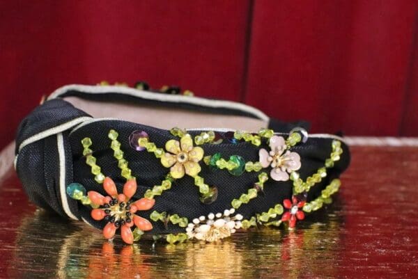SOLD! 6048 Baroque Flower Beaded Knot Black Elegant Headband - Image 7