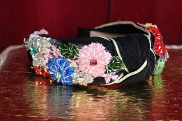 SOLD! 6049 Baroque Flower Beaded Knot Black Elegant Headband - Image 7