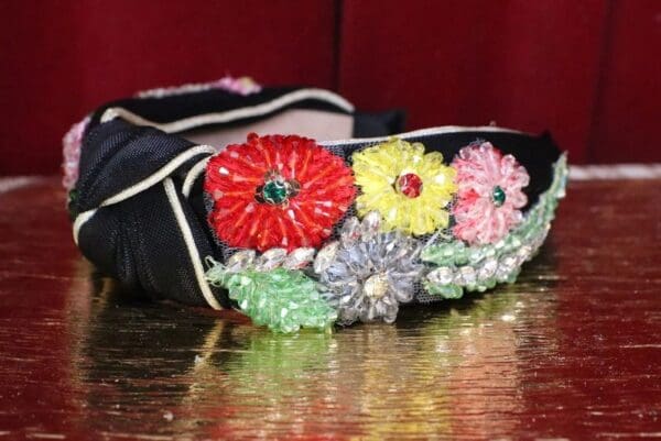SOLD! 6049 Baroque Flower Beaded Knot Black Elegant Headband - Image 8
