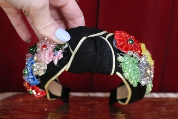 SOLD! 6049 Baroque Flower Beaded Knot Black Elegant Headband - Image 9