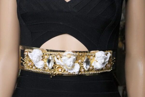 SOLD! 6062 Baroque Runway White Chubby Cherubs Angels Embellished Waist Gold Belt Size S, L, M