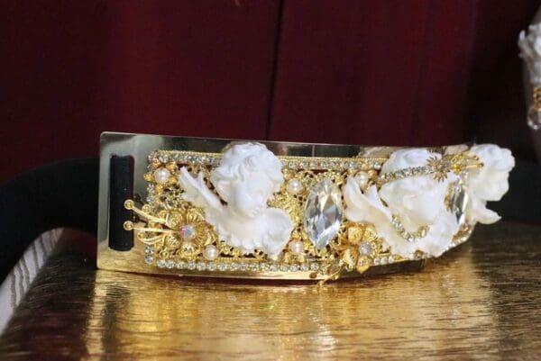 SOLD! 6062 Baroque Runway White Chubby Cherubs Angels Embellished Waist Gold Belt Size S, L, M - Image 7