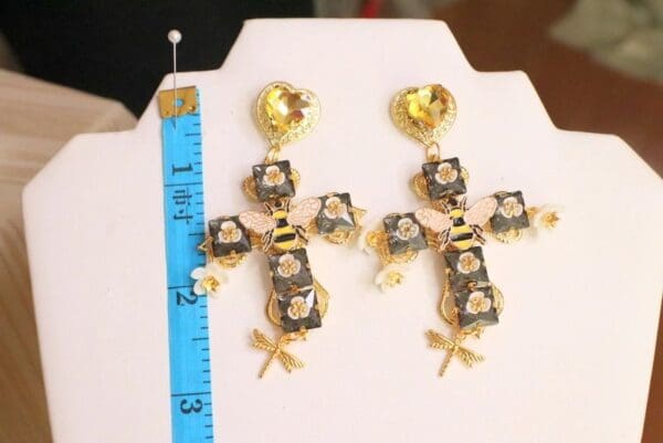 SOLD! 6063 Baroque Enamel Bee Lemon Flower Cross Statement Earrings - Image 7